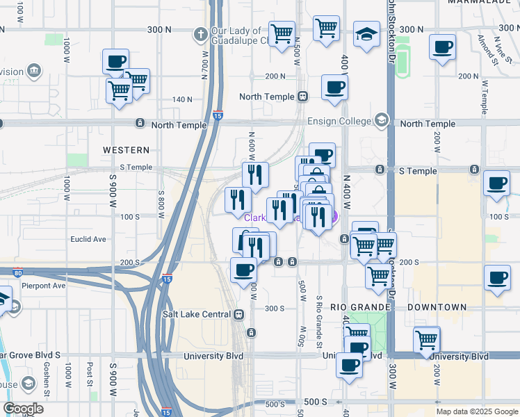 map of restaurants, bars, coffee shops, grocery stores, and more near 113 600 West in Salt Lake City