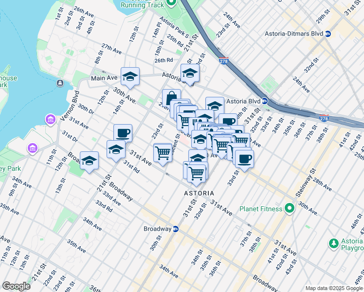 map of restaurants, bars, coffee shops, grocery stores, and more near 25-10 30th Road in Queens