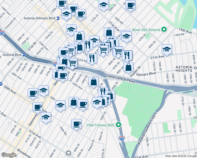 map of restaurants, bars, coffee shops, grocery stores, and more near 24-15 46th Street in Queens