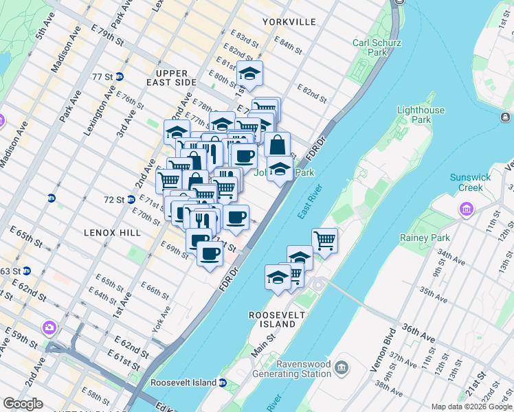 map of restaurants, bars, coffee shops, grocery stores, and more near 523 East 74th Street in New York