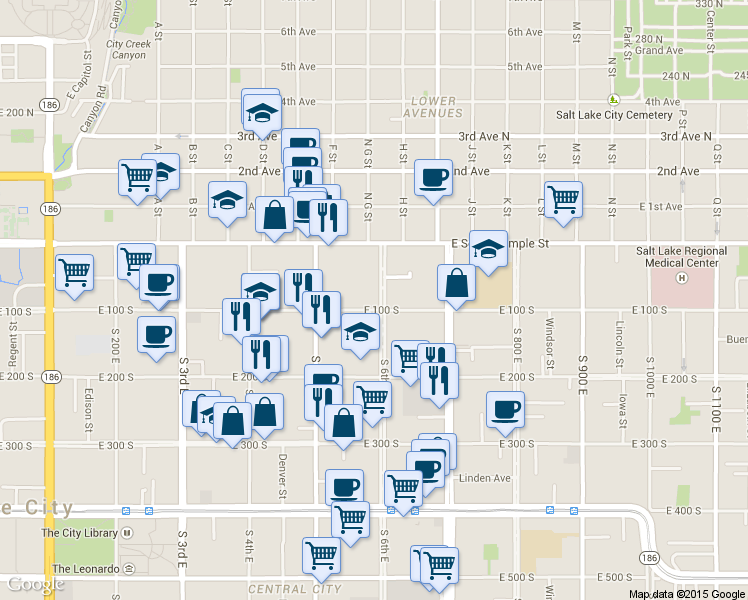 map of restaurants, bars, coffee shops, grocery stores, and more near 72 South 600 East in Salt Lake City