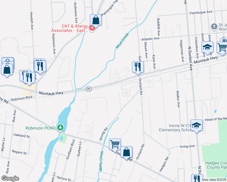 map of restaurants, bars, coffee shops, grocery stores, and more near 44 Strongs Road in East Patchogue