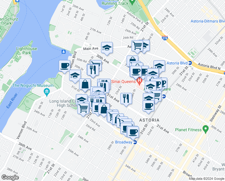 map of restaurants, bars, coffee shops, grocery stores, and more near 21-20 30th Drive in Queens