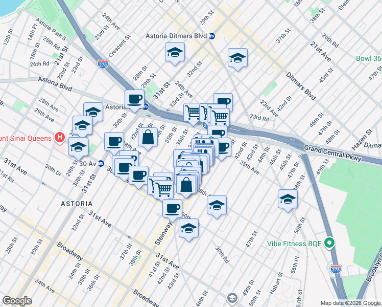 map of restaurants, bars, coffee shops, grocery stores, and more near 25-41 37th Street in Queens