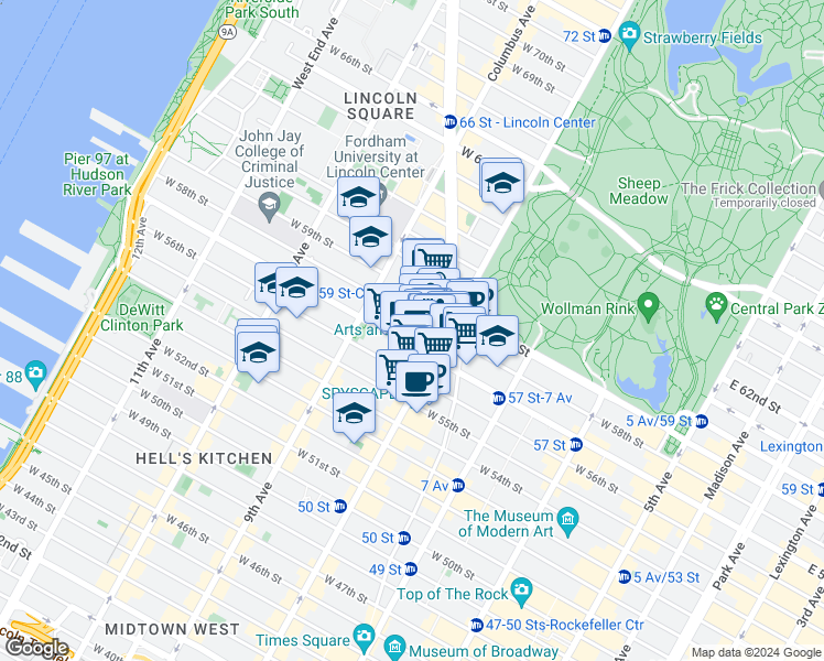 map of restaurants, bars, coffee shops, grocery stores, and more near 1515 8th Avenue in New York