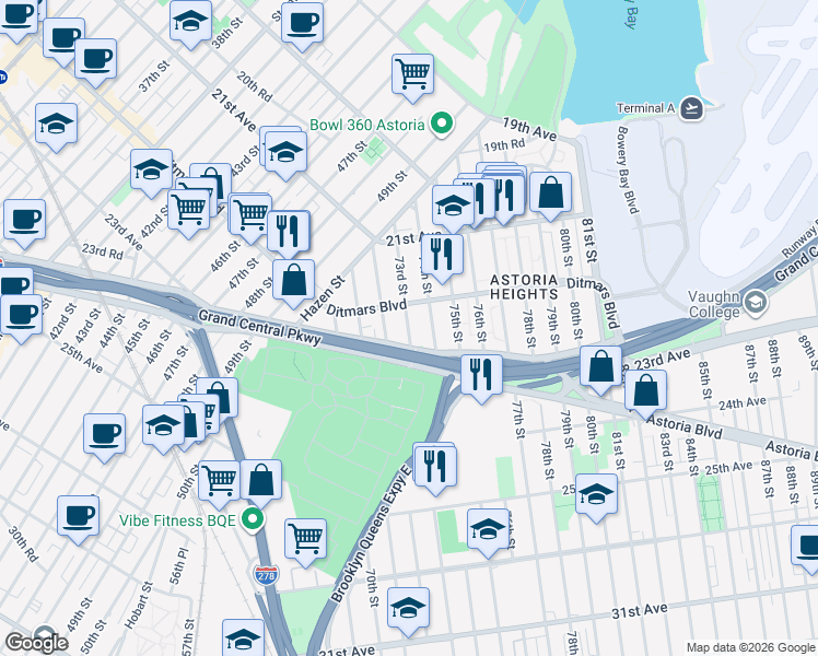 map of restaurants, bars, coffee shops, grocery stores, and more near 22-41 73rd Street in Queens