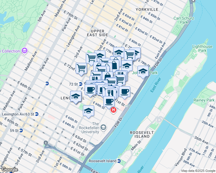 map of restaurants, bars, coffee shops, grocery stores, and more near 413 East 72nd Street in New York