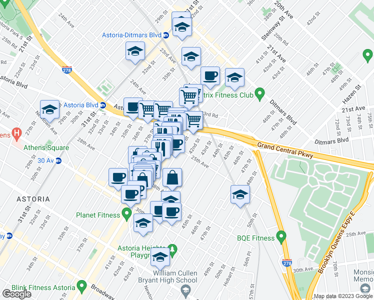 map of restaurants, bars, coffee shops, grocery stores, and more near 41-11 25th Avenue in Queens