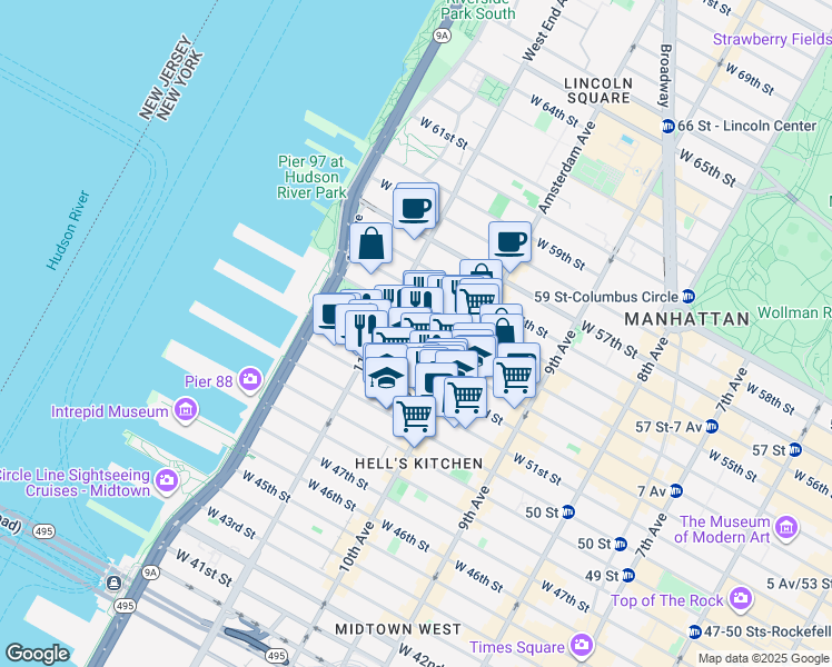 map of restaurants, bars, coffee shops, grocery stores, and more near 550 West 54th Street in New York