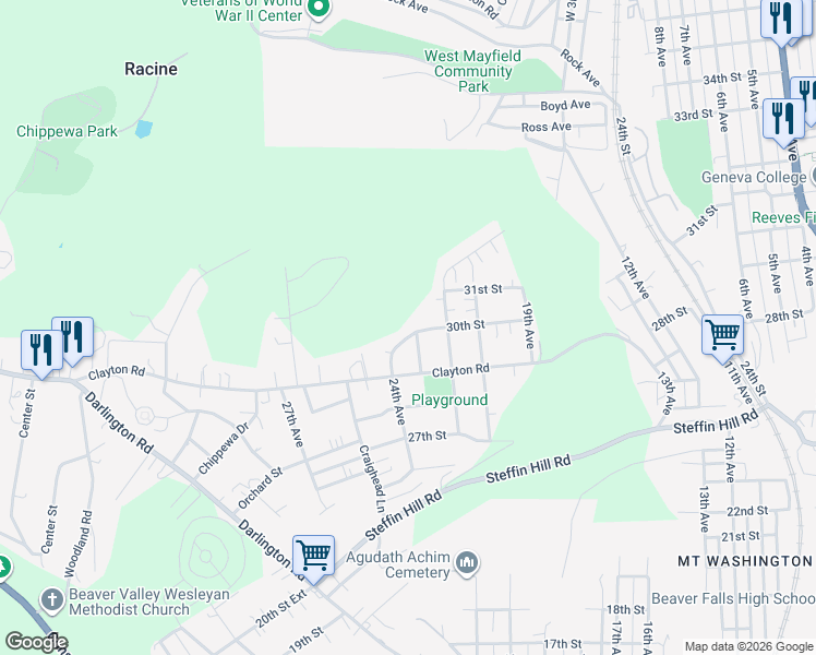 map of restaurants, bars, coffee shops, grocery stores, and more near 3001 24th Avenue in Beaver Falls