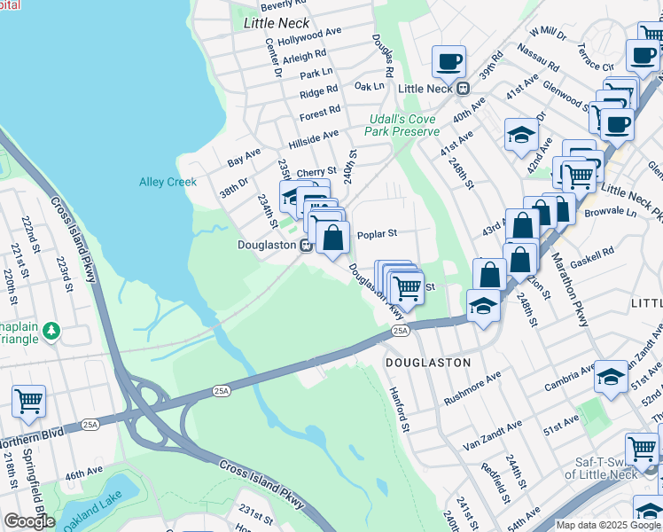 map of restaurants, bars, coffee shops, grocery stores, and more near 43-14 Douglaston Parkway in Queens