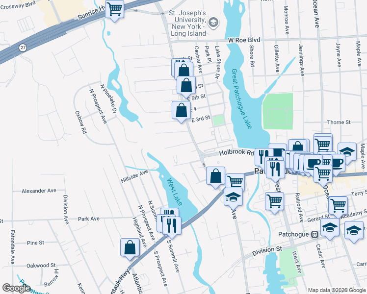 map of restaurants, bars, coffee shops, grocery stores, and more near 2836 West 1st Street in Patchogue