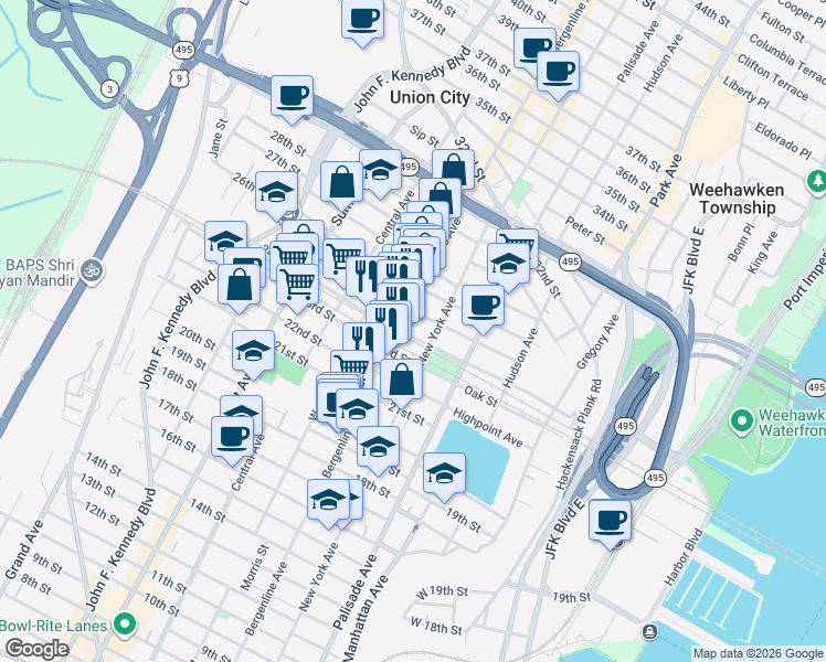 map of restaurants, bars, coffee shops, grocery stores, and more near 424 23rd Street in Union City