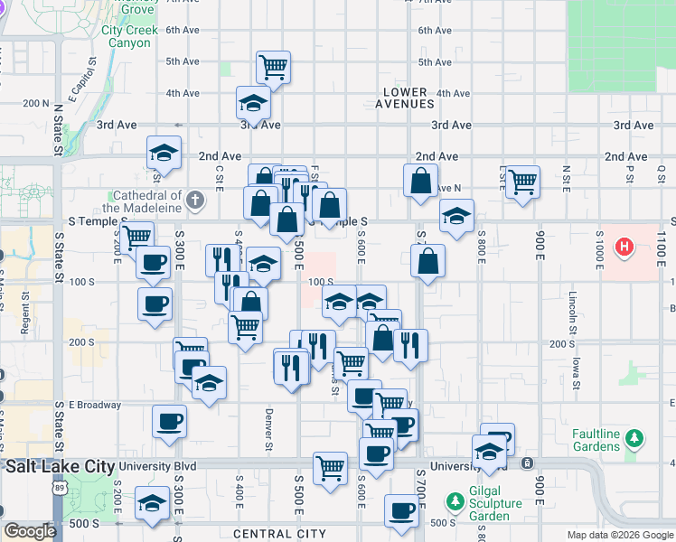 map of restaurants, bars, coffee shops, grocery stores, and more near 555 E Street in Salt Lake City