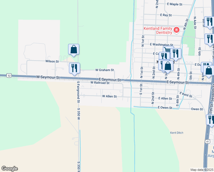 map of restaurants, bars, coffee shops, grocery stores, and more near 218 West Allen Street in Kentland
