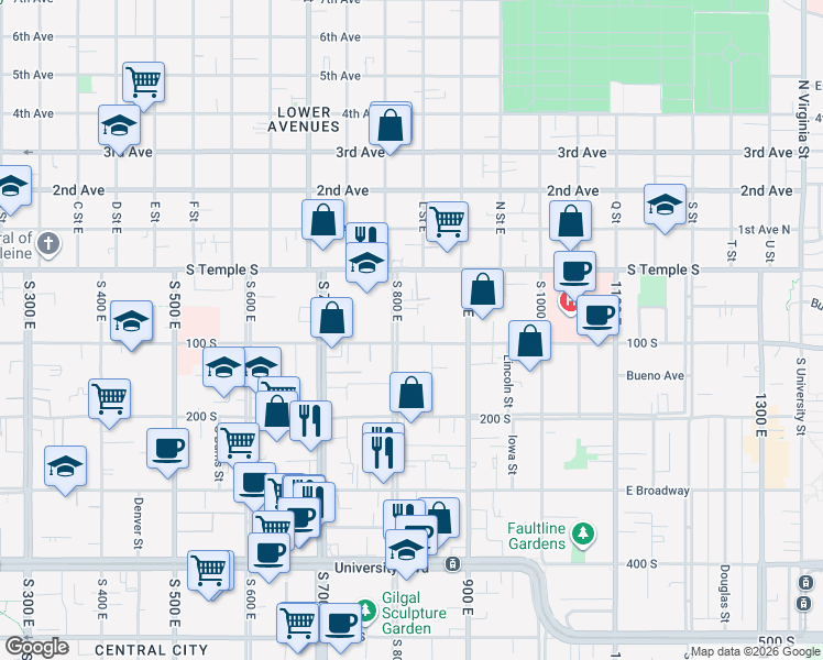 map of restaurants, bars, coffee shops, grocery stores, and more near 836 100 South in Salt Lake City
