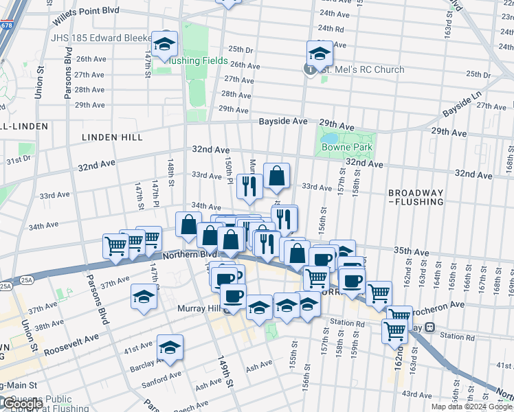 map of restaurants, bars, coffee shops, grocery stores, and more near 33-39 Murray Street in Queens