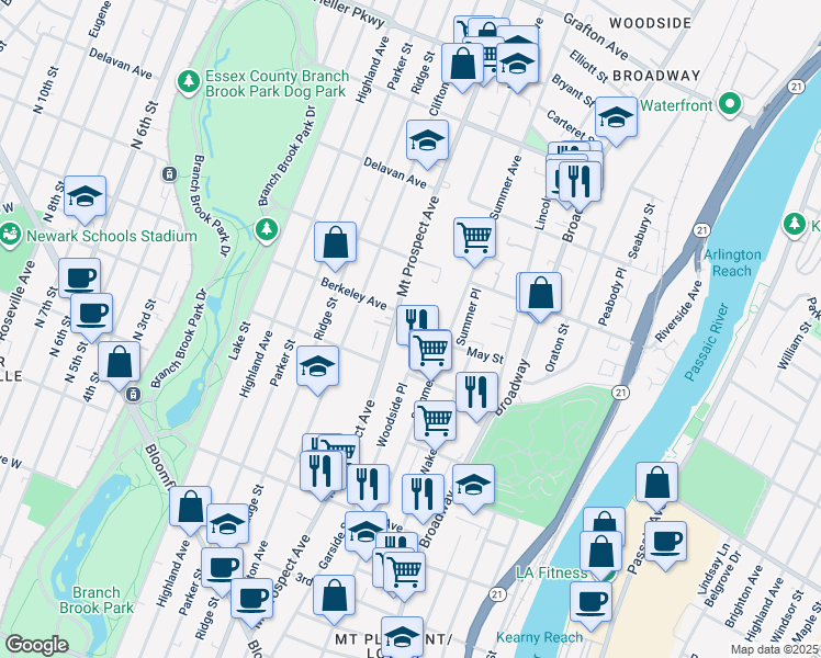 map of restaurants, bars, coffee shops, grocery stores, and more near 55 Arlington Avenue in Newark