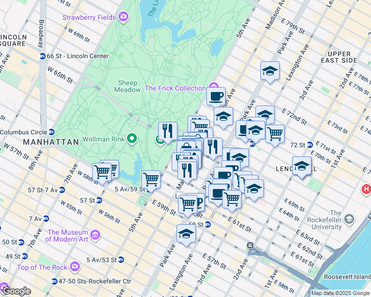 map of restaurants, bars, coffee shops, grocery stores, and more near 4 East 65th Street in New York