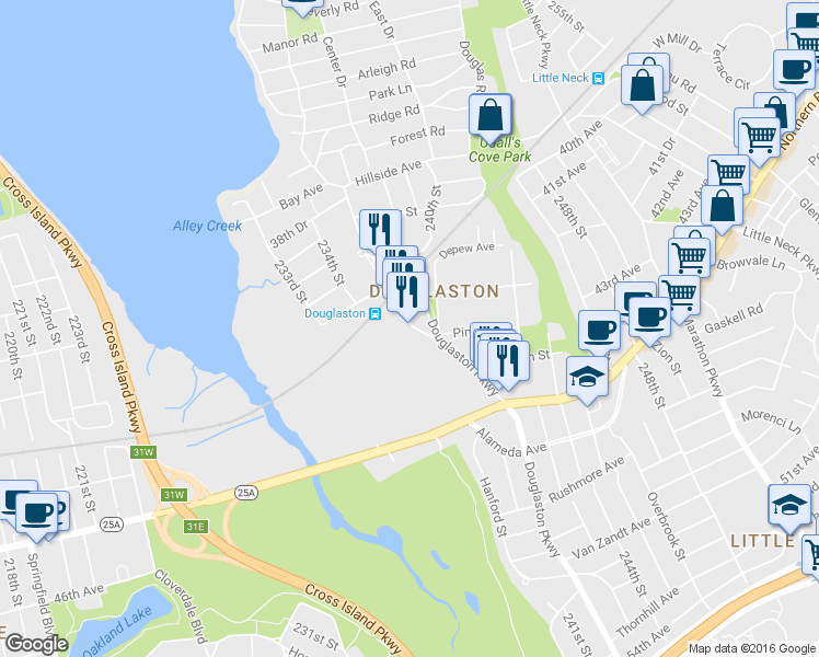 map of restaurants, bars, coffee shops, grocery stores, and more near 42-36 235th Street in Queens