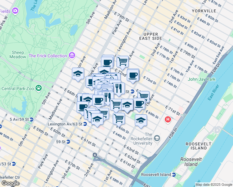 map of restaurants, bars, coffee shops, grocery stores, and more near 205 East 69th Street in New York