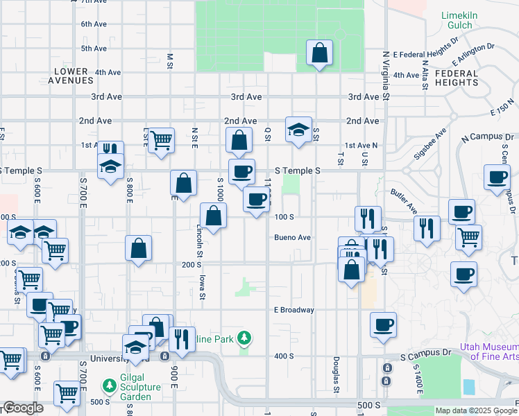 map of restaurants, bars, coffee shops, grocery stores, and more near 82 South 1100 East in Salt Lake City