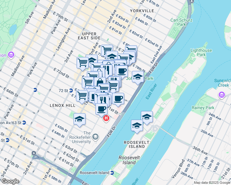 map of restaurants, bars, coffee shops, grocery stores, and more near 501 East 73rd Street in New York