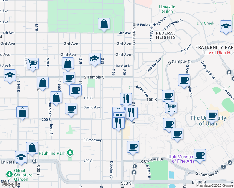map of restaurants, bars, coffee shops, grocery stores, and more near 1250 East 100 South in Salt Lake City