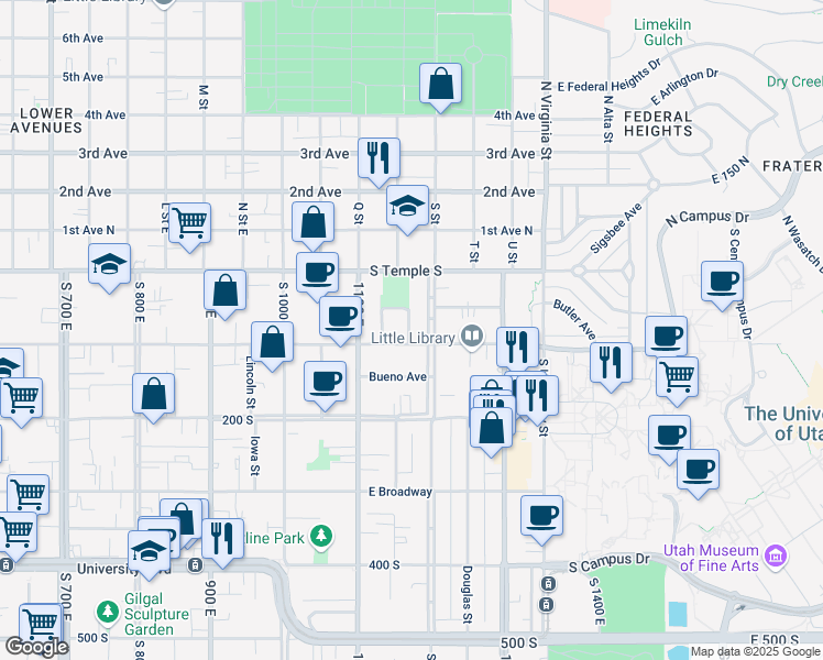 map of restaurants, bars, coffee shops, grocery stores, and more near in Salt Lake City