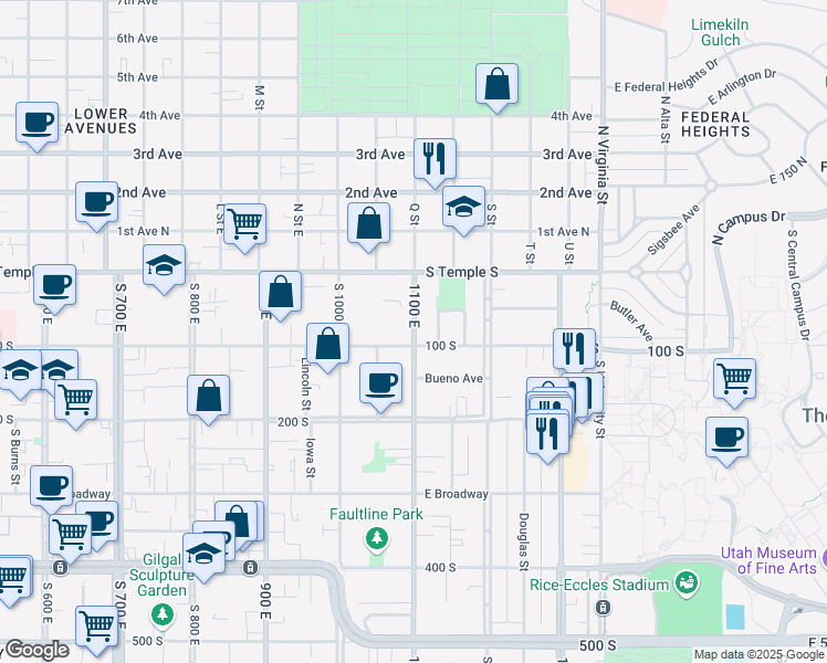 map of restaurants, bars, coffee shops, grocery stores, and more near 115 1100 East in Salt Lake City
