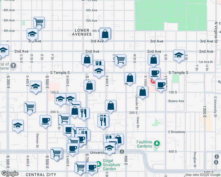 map of restaurants, bars, coffee shops, grocery stores, and more near 836 100 South in Salt Lake City