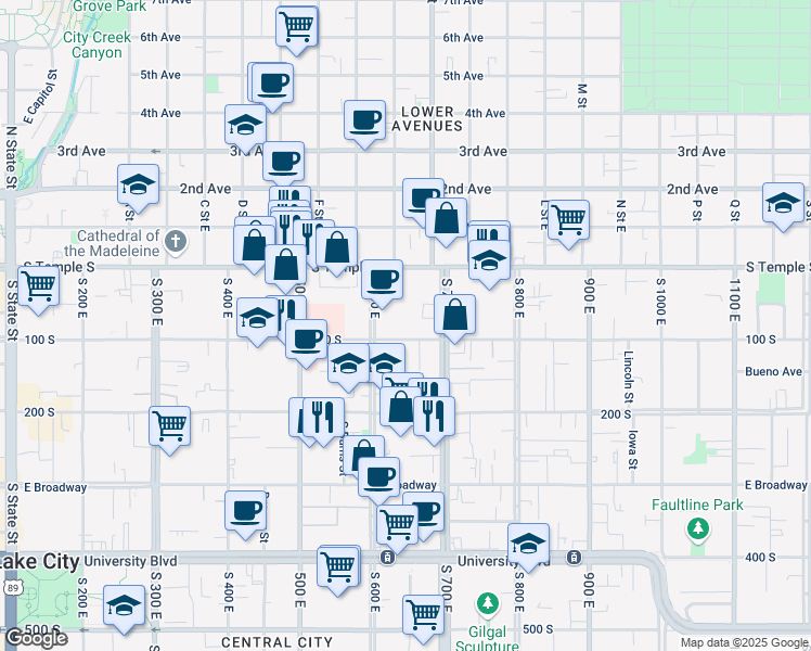 map of restaurants, bars, coffee shops, grocery stores, and more near 620 East 100 South in Salt Lake City