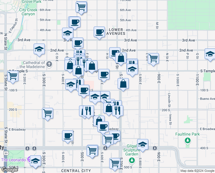 map of restaurants, bars, coffee shops, grocery stores, and more near 620 East 100 South in Salt Lake City