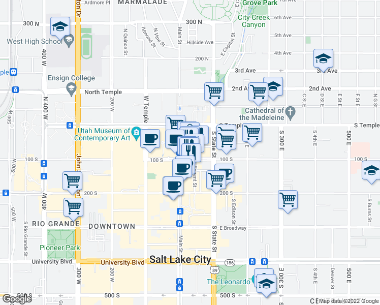 map of restaurants, bars, coffee shops, grocery stores, and more near 40 East 100 South in Salt Lake City