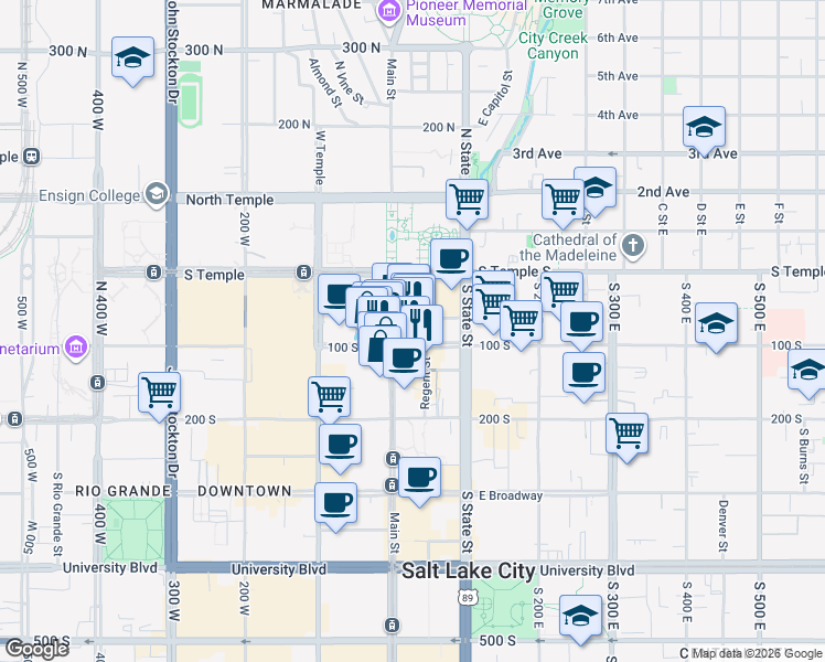 map of restaurants, bars, coffee shops, grocery stores, and more near 102 South Main Street in Salt Lake City