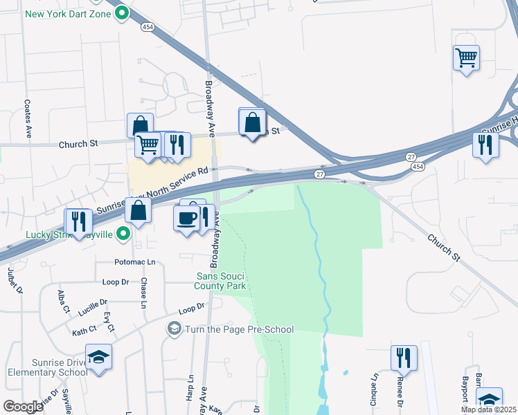 map of restaurants, bars, coffee shops, grocery stores, and more near Sunrise Highway South Service Road in Sayville