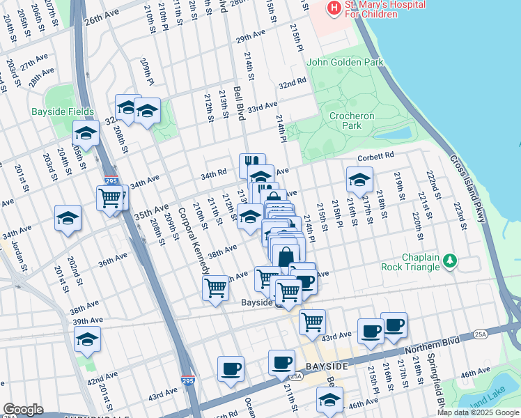 map of restaurants, bars, coffee shops, grocery stores, and more near 36-36 Bell Boulevard in Queens