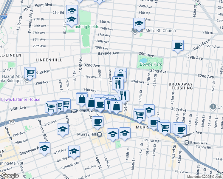 map of restaurants, bars, coffee shops, grocery stores, and more near 3412 Murray Lane in Queens