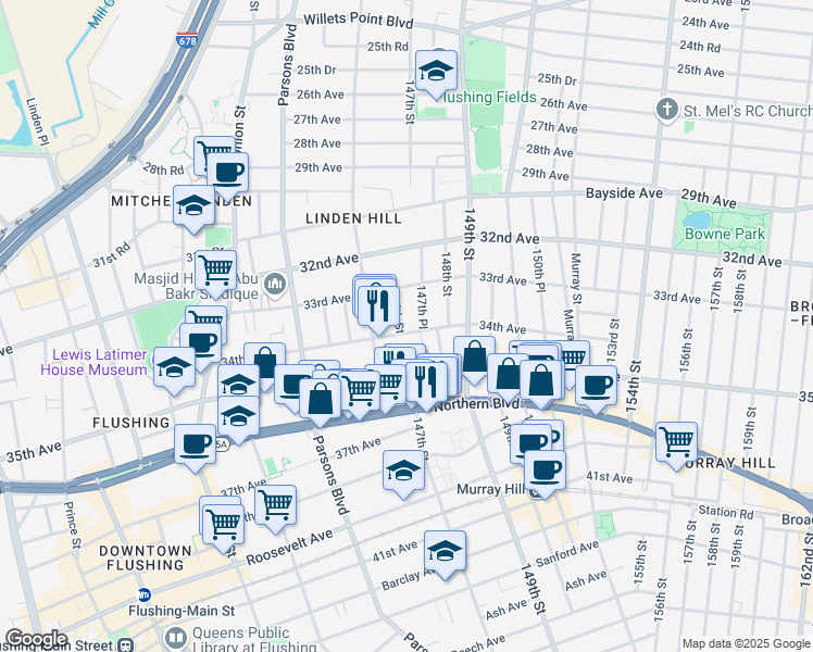 map of restaurants, bars, coffee shops, grocery stores, and more near 147-02 34th Avenue in Queens