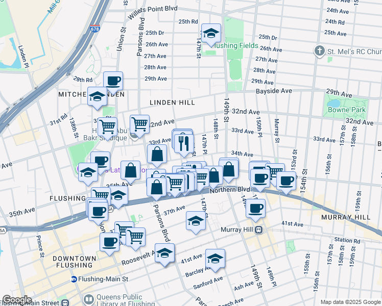 map of restaurants, bars, coffee shops, grocery stores, and more near 34-5 146th Street in Queens