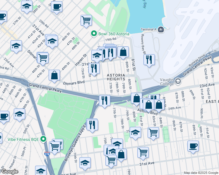 map of restaurants, bars, coffee shops, grocery stores, and more near 22-49 76th Street in Queens