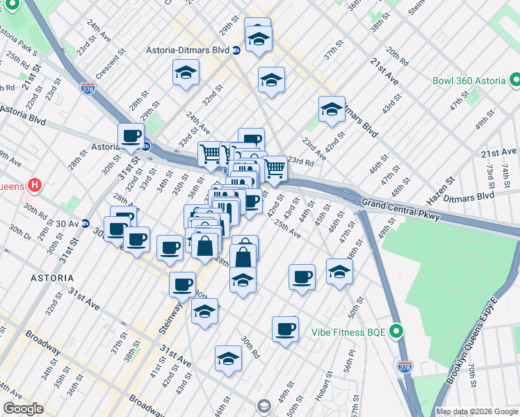 map of restaurants, bars, coffee shops, grocery stores, and more near 25-23 41st Street in Queens