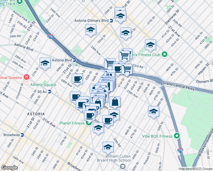 map of restaurants, bars, coffee shops, grocery stores, and more near 81 Steinway Street in Queens
