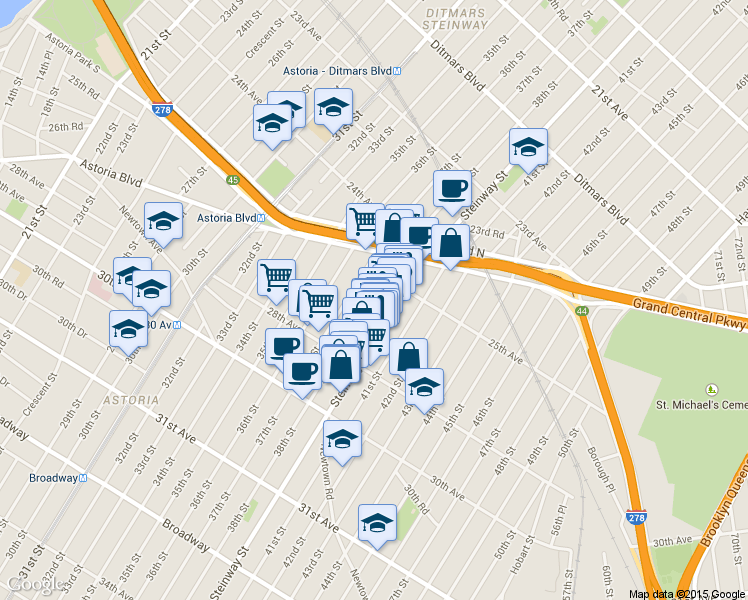 map of restaurants, bars, coffee shops, grocery stores, and more near 81 Steinway Street in Queens