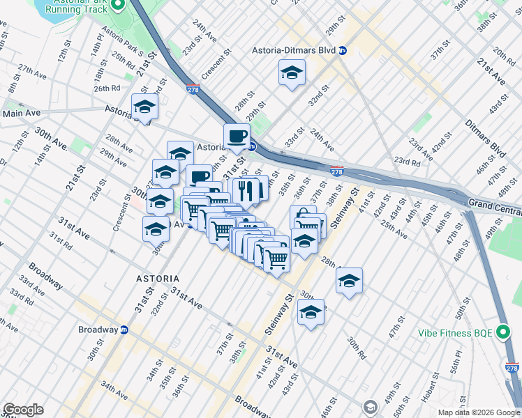map of restaurants, bars, coffee shops, grocery stores, and more near 28-8 35th Street in Queens