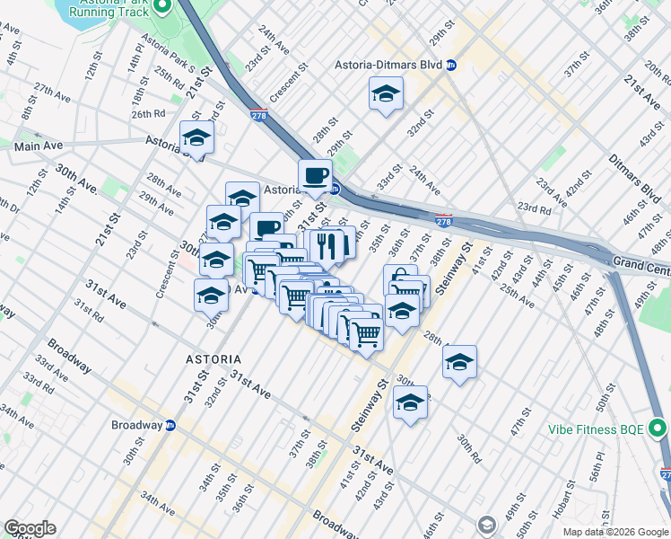 map of restaurants, bars, coffee shops, grocery stores, and more near 28-8 35th Street in Queens