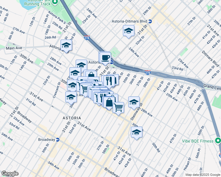map of restaurants, bars, coffee shops, grocery stores, and more near 28-19 33rd Street in Queens