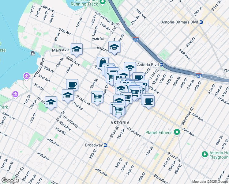 map of restaurants, bars, coffee shops, grocery stores, and more near 25-40 30th Road in Queens