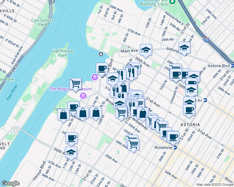map of restaurants, bars, coffee shops, grocery stores, and more near 31-50 14th Street in Queens