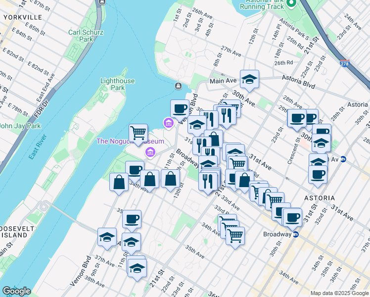 map of restaurants, bars, coffee shops, grocery stores, and more near 11-25 Broadway in Queens